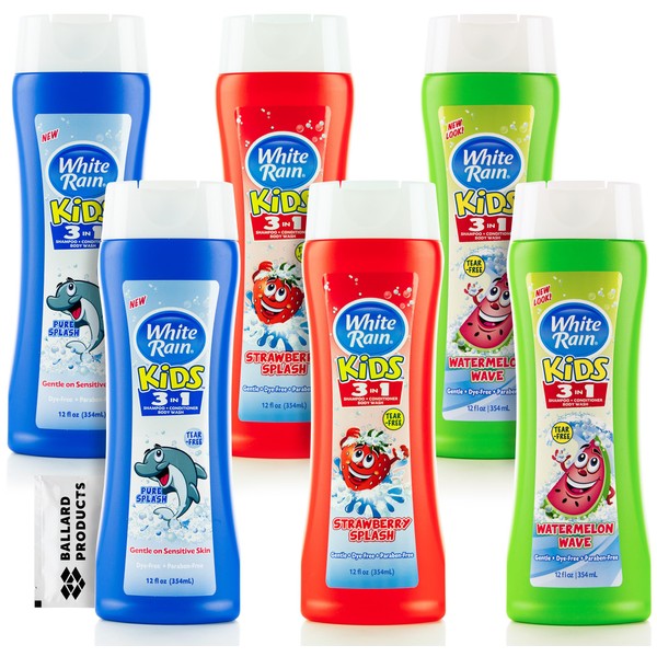 Ballard Products White Rain Kids Tear Free Soap Variety Pack of 6 - Kids 3 in 1 Shampoo Conditioner and Body Wash - 3 Scents - Watermelon, Pure Splash, and Strawberry- Bundle Moist Towelette