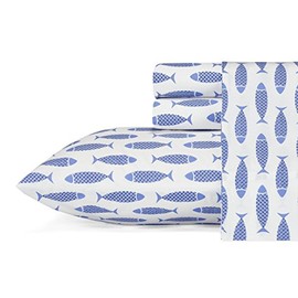 Nautica | Percale Collection Sheet Set-100% Cotton, Crisp & Cool, Lightweight & Moisture-Wicking Bedding, Twin, Woodblock Fish