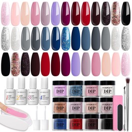 AZUREBEAUTY 31 Pcs Dip Powder Nail Kit Starter, 20 Colors Glitter Nude Pink Gray Red Dip Powder Liquid Set with Top&Base Coat Activator for French Nails Art Manicure DIY Salon Woman Gift