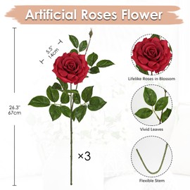 Hollyone 3Pcs Red Roses Artificial Flowers Bouquets 26.3" Fake Flower Arrangements Silk Flowers Rose with Long Stem Floral Branch Faux Roses Flowers DIY Wedding Party Table Centerpieces Home Decor