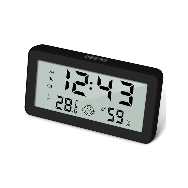 Multifunction Thermometer Hygrometer Clock, Digital Alarm Clock with Temperature and Humidity Monitor and Comfort Indicator - Black