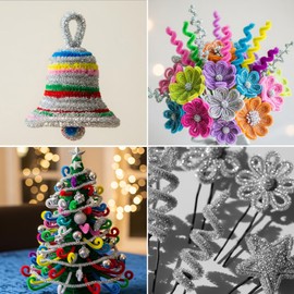 Caydo 200 Pieces Glitter Silver Pipe Cleaners，Thick Fluffy Chenille Stems, Pipe Cleaner Crafts for Arts & Crafts, Perfect for Making Animals, Flowers, and Festive Decorations