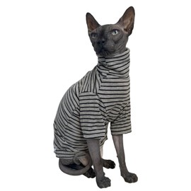 Vintage Stripes Sphynx Hairless Cats Shirt Cotton Cat Turtleneck Pet Clothes Kitten T-Shirts with Sleeves for Sphynx Cornish Rex, Devon Rex, Peterbald (Grey Stripe, Medium (Pack of 1))