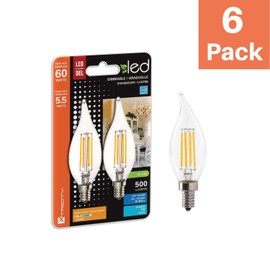 LED 5.5W Flame Tip Clear Filament Chandelier Light Bulb, 60W Equivalent, 500 Lumens, 3000K Soft White, Dimmable, 120V, E12 Candelabra Base, Energy Star, Clear (6 Pack)