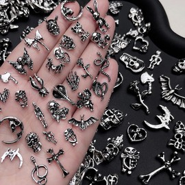 Chisafly Nail Parts, Punk Assortment, Set of 50, Cross, Snake, Halloween, Skull, Spiderweb, Retro, Deco Parts, Punk, Silver, Mine Type
