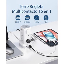 SMALLRT Torre Regleta Multicontacto con Protector de Sobretensión, 2.98M Extension Electrica Enchufe Plano con 12 Enchufes CA y 4 USB (1 USB C), Conec