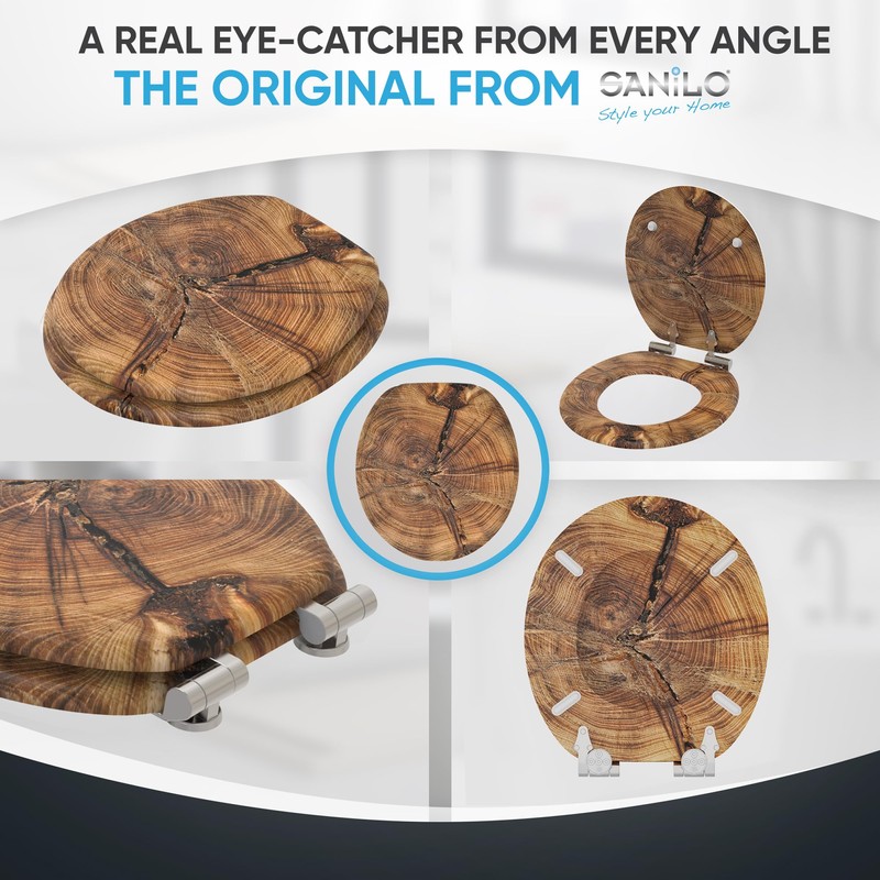 SANILO Wooden Toilet Seat with Soft Close [ROUND] - Decorative,