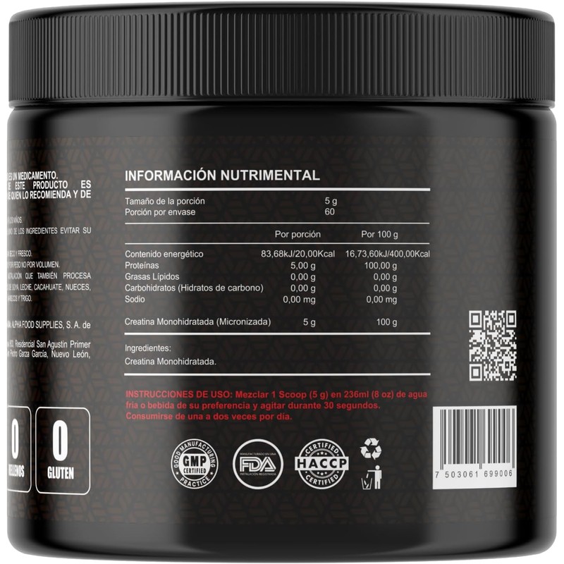 Creatina Monohidratada Micronizada en polvo sin sabor 300G Alta Pureza
