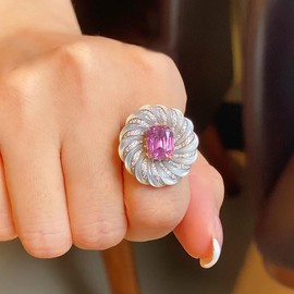 Statement Rings for Women French Vintage Diamond Ring Pink Stone Cubic Zirconia Unique Flowers Big Round Ring Fashion Dazzling Band Cocktail Open Ring