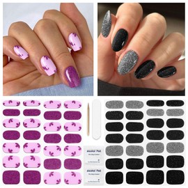 DUKASOU Semi Cured Gel Nail Strips, (Glitter Black/Powder) 56 Pcs Gel Nail Wraps,Stickers Works with Any UV/LED Lamps,Long Lasting,Salon-Quality, Easy to Apply