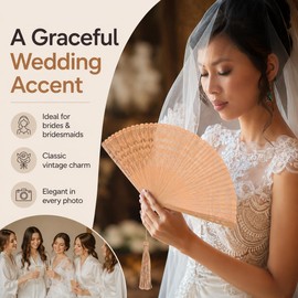 COHEALI Bamboo Folding Hand Fan, 12.5 Inch Wooden Handheld Fan with Tassel, Vintage Cooling Accessory for Women, Weddings and Parties