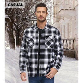 EKLENTSON Men's Flannel Jackets Fleece Cotton Jacket Plaid Button Down Coats Winter Thermal Jacket with Pockets Black L