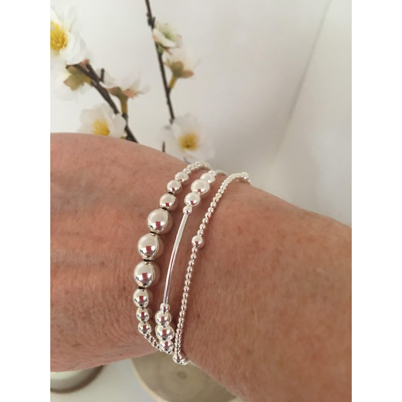 Sterling Silver 925 Beaded Stretch Graduated Design Bracelet