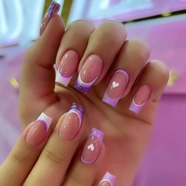 RikView French Tip Press on Nails Medium Fake Nails Purple & White Nails Glossy Square Acrylic Nails for Women(Medium Square White)