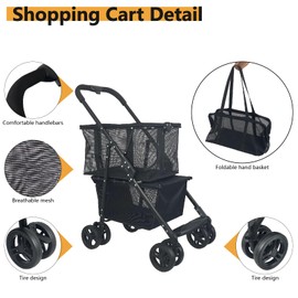 HTLPET Newly Upgraded Shopping Cart, 80 lbs Foldable Grocery, Portable Multifunctional With Removable Tote Bag, Large Storage Space, 360 Wheels and One-Step Parking Brake, Black