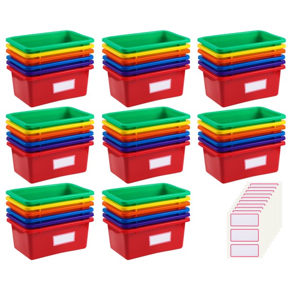 48 Pack Book Bins for Classroom Plastic Cubby Bins Colored Toy Bins for Kids Storage and Organizer Containers with 120 Pcs Self Adhesive Label for Classroom Library School Office Home