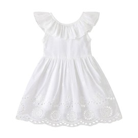 Aruzig Toddler Baby Girls Eyelet Dress White Ruffle Sleeveless Tunic Sundress Kids Casual Beach Party Clothes (White Embroidered Dress, 18-24 Months)