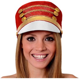 RED Majorette HAT for Women - Tall RED Toy Soldier HAT with White Peak, Gold Buttons, and Detailing - Christmas Nutcracker Cheerleader Fancy Dress Accessory - ONE Size