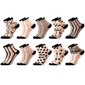 Jspupifip 10 Pairs Sheer Socks Black Sheer Ankle Socks Striped Plaid Mesh Dot Bow Black See Through Socks Transparent Socks for Women Girls