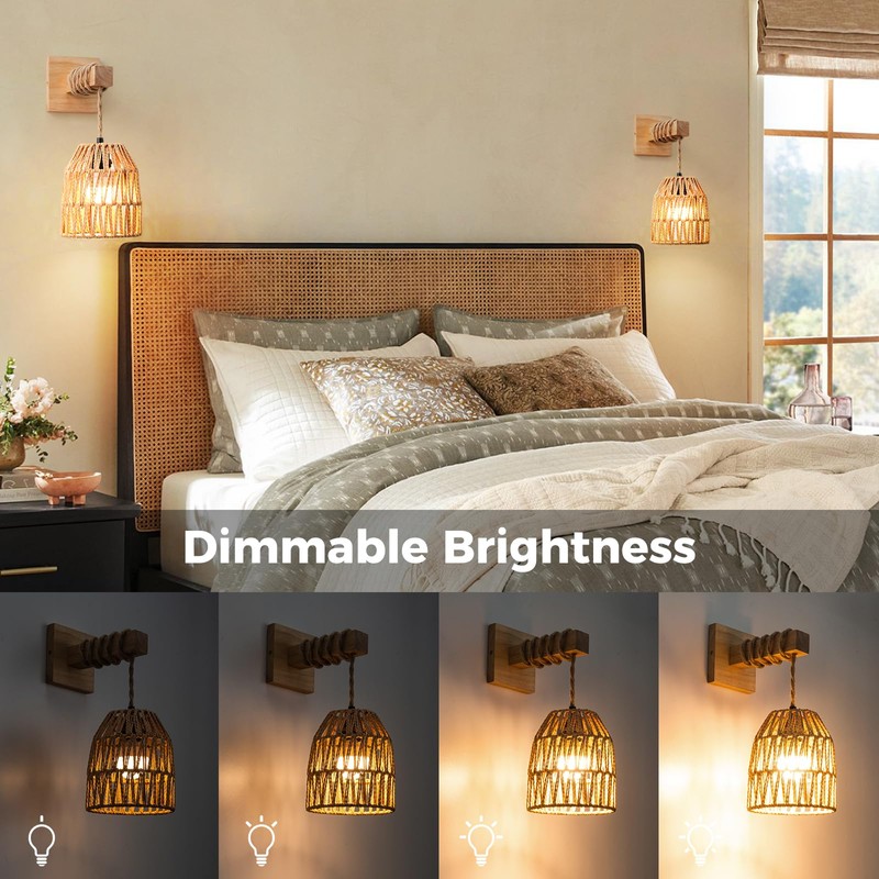 Glitnous Rattan Wall Sconces Battery Operated, Boho Wall Sconce, Battery