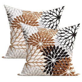Brown and Black Grey Dahlia Throw Pillow Covers 20x20 Inch Coffee Tan Gray Outdoor Geometric Flower Decorative Pillows Cover Set of 2 Spring Summer Farmhouse Pillowcase for Bed Couch Sofa Decor