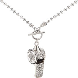 CREATCABIN Whistle Necklace Rhinestone Whistle Pendant Titanium Steel Bling Silver Pentagram Whistle Alloy Metal Crystal Pendant with Long Ball Chain Jewelry Gift for Women Decoration 2x0.6Inch