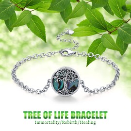 925 Sterling Silver Tree of Life Bracelet, Women's Adjustable Bracelet, Abalone Shell Jewellery Birthday Gifts for women Girls with chain 18 + 5 cm Adjustable