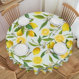 Lemon Fruits Leaves Tablecloth 60 Inch Round Table Cover, Hand Drawn Floral Waterproof Table Cloth Cover, Round Polyester Tablecloth for Outdoor Picnic Camping and Indoor Kitchen Dining Party