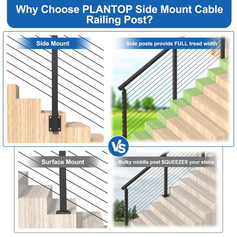 PLANTOP 36" Left Side Mount Stair Cable Railing Post for