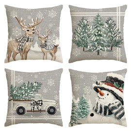 Artoid Mode Reindeer Trees Trucks Snowman Christmas Cushion Covers Set of 4 40 x 40 cm Winter Truck Decorative Cushion Cover Couch Decoration