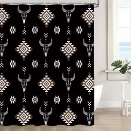 JWJAMM Western Boho Shower Curtain Aztec Bull Skull Geometric Native Tribal Southwestern Cow Longhorn Head Cowboy Farmhouse Bath Curtains with Hook,70x70 Inch