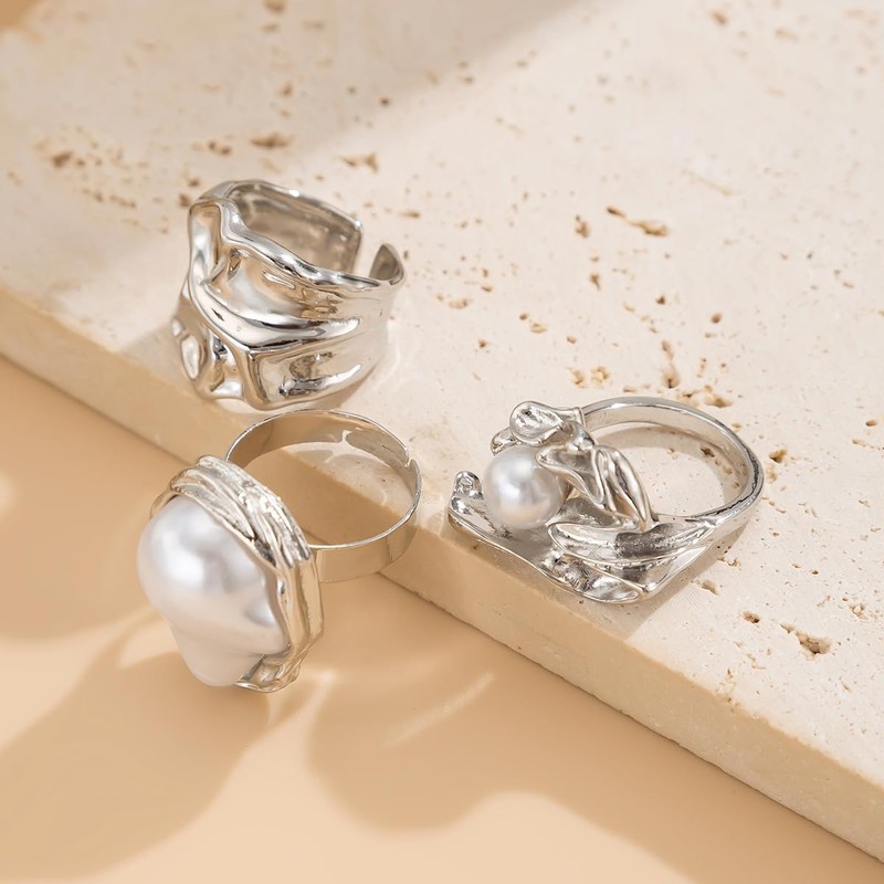 Pearl Ring for Women Stacking Pearl Rings Set Gold Chunky