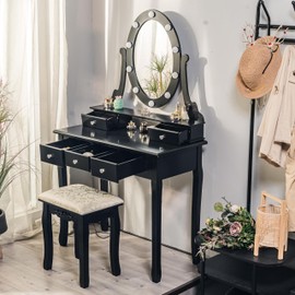 GarveeHome Modern Makeup Vanity, Girls Vanity Set with Lighted Mirror and Cushioned Stool, Make Up Table with 5 Drawers for Bedroom, Dressing Table for Kids Women Girlste