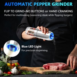 Boan Gravity Salt and Pepper Grinder Set Adjustable Coarseness, Stainless Steel 6.2oz Salt Grinder Refillable, Ceramic Rotors Electric Salt and Pepper Grinder Set for Kitchen & Gourmet Cooking(Silver)