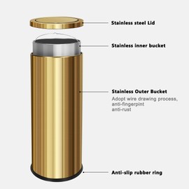 JINYCOME 8Gallon Brushed Kitchen Gold Trash Can with Swing Lid,Stainess Steel Garbage Can Trash Bin Wastebaskets for Commerical Used Airport Shopping Mall Hotel Lobby Elevator (Gold)
