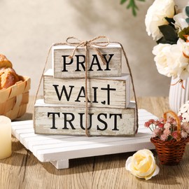 CroBlissful 4 Pcs Bible Verse Wooden Sign Inspirational Christian Table Decorations Rustic Farmhouse Decorative Pray Trust Wait Block Sign Centerpieces for Pastor Christian Mother Day Gifts Home Decor