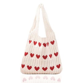 Vimmvid Beach Bag, Knitted Shoulder Bag, Tote Bag, Heart Bag, Red Braided Bag, Heart Bag for Work, Travel, School and Shopping, beige