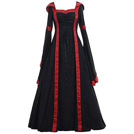 Women Renaissance Medieval Dress Irish Hooded Vintage Gothic Fairy Ball Gown Chemise Lace Up Long Flared Sleeve Dress Party (US, Alpha, XX-Large, Regular, Regular, Black+Red)