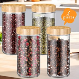 Suclain 4 Pieces Glass Jars with Airtight Lids Overnight Oats Containers with Bamboo Lids Food Storage Containers Glass Jar For Salad Yogurt Spice Sugar(24 oz)