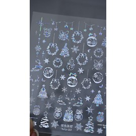 Christmas Nail Art Stickers 5D Embossed Laser Silver Xmas Tree Nail Stickers Elk Crystal Ball Wreath Snowflake Nail Decals for Women Girls Winter Holiday Manicure DIY Nail Supplies
