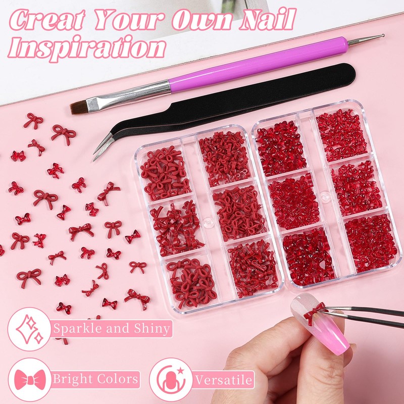 2 Boxes 3D Bow Nail Charms, Red Mini Bow Charms
