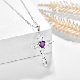TANGPOET Angel Wings Necklace for Women 925 Sterling Silver Guardian Angel Pendant, Heart Cross Birthstone Chain, Birthday Jewellery Gifts for Her, Sterling Silver