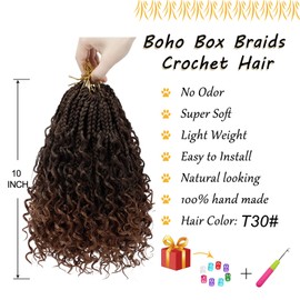 Boho Box Braids Crochet Hair for Women 10 Inch 7 Packs Goddess Box Braids with Curly Ends 3X Short Bob Crochet Braids for Kids Ombre Brown Synthetic Bohemian Braiding Hair Extensions (T30)