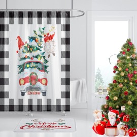 Hipposama Clearance Plaid Christmas Shower Curtain for Bathroom Santa Gift, Fun The Christmas Tree and The Christmas Truck Decoration Shower Curtains with 12Hooks 72x72inch