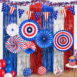 4th of July Patriotic Decorations, Red White and Blue 3 Pack Tinsel Foil Fringe Curtains, Paper Fans, Pennant Bunting for Patriotic Party, Memorial Day, Independence Day, Labor Day