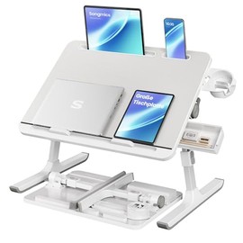 SONGMICS Laptoptisch, Betttisch, Laptopständer, 56 x 40 cm große Tischplatte, 120° stufenlos verstellbar, höhenverstellbar, mit Getränkehalter, Schublade, tragbar, grau LLD113GZ01
