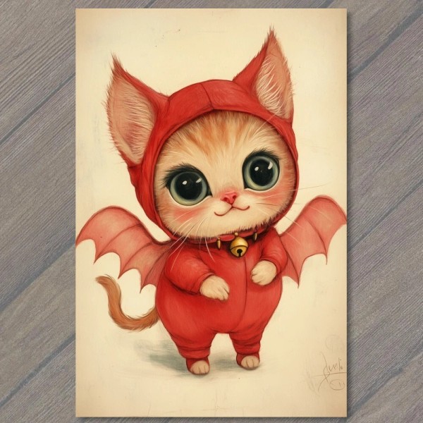 4x6" Cute Cat with Devil Horns Wings Red Background Halloween