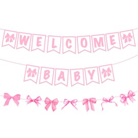 Pink Baby Shower Decorations Banner, 3 Pcs Welcome Baby Girl Pink Bow Party Banners, Newborn Arrival Party Supplies