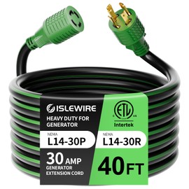 ISLEWIRE 4 Prong 30 Amp Extension Generator Cord 40FT, NEMA L14-30P/L14-30R, 125/250 Volt Up to 7500 Watts, 10 Gauge SJTW Twist Lock Power Cord for Manual Transfer Switch, Black&Green, ETL Listed
