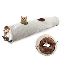 ALL FOR PAWS Cat Tunnel,Cat Tunnels for Indoor Cats,Collapsible,Linen Cloth,Cat Toys for Indoor Cats Interactive,Cat Hideout Tube with Fun Ball and 2 Hole,140cm